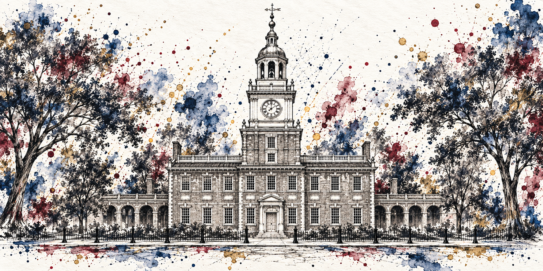 Centered Independence Hall framed by trees, inkwork, and deep navy, burgundy, and antique-gold watercolor droplets