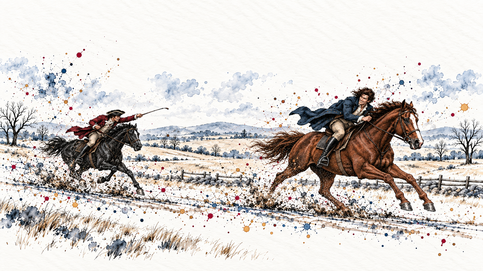 A dark-haired colonial rider on a large chestnut horse with a white blaze leads a rival far behind across an open watercolor countryside