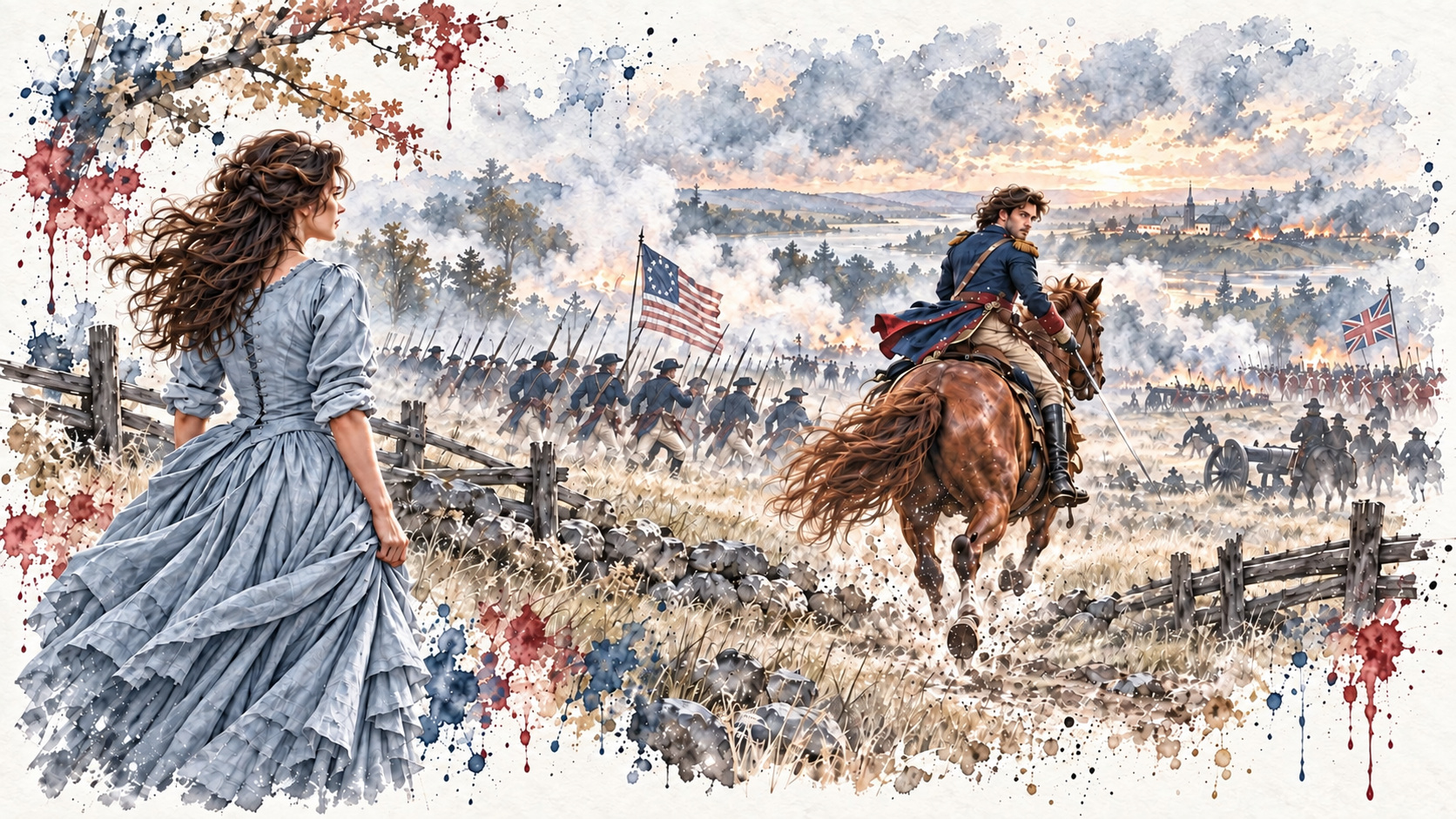 A woman in a light-blue colonial dress watches a mounted officer ride toward a Revolutionary battlefield