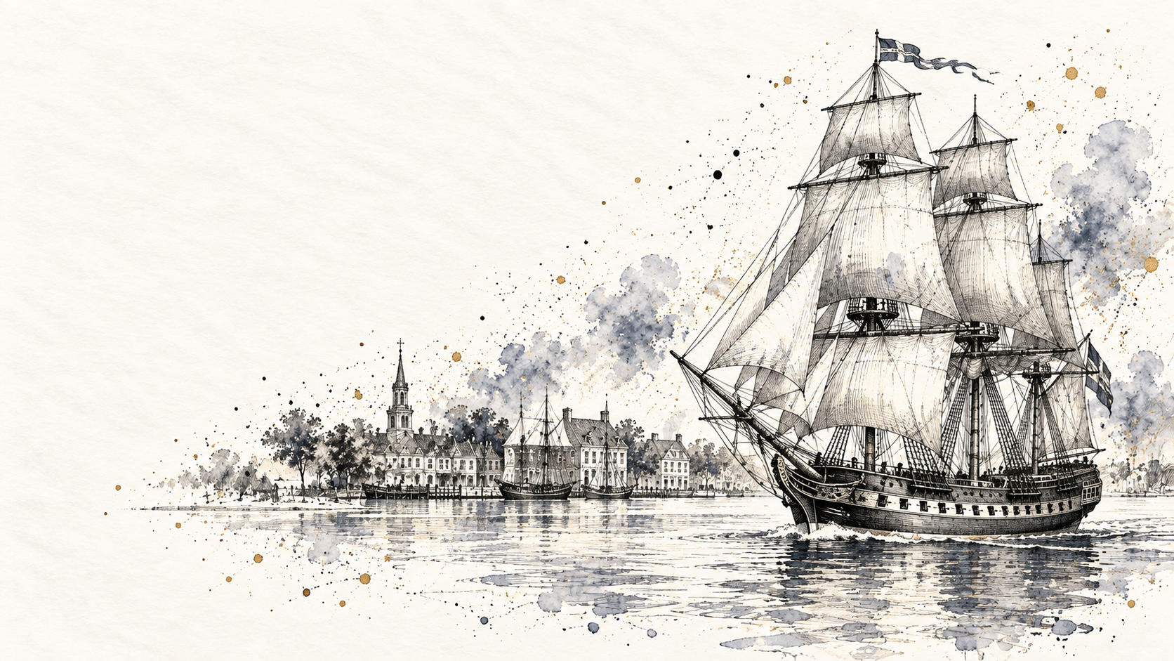 An ink-and-watercolor sailing ship on Revolutionary-era waters